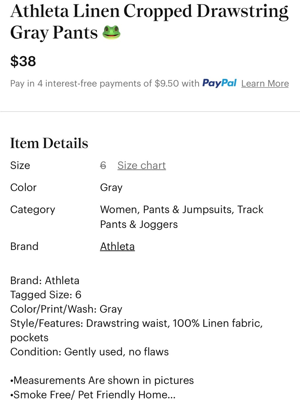 Athleta Linen Gray Drawstring Linen Cropped Pants Front Pockets Preppy - Picture 12 of 12